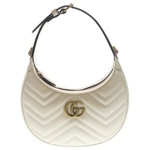Gucci GG Marmont Half Moon Shoulder Bag Leather Handbag Chain Ivory White